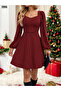 Women's Red Mini Dress Long Sleeve Square Neck New Year Concept - 5