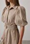 Women's Stone Balloon Sleeve Belted Embroidered Dress Vs00522 - 4