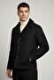 Karl Black Matte Lamb Fur Collar Button Closure Men's Genuine Leather Coat - 2