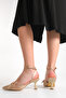 Gold Gold Color Satin Bow Heeled Women's Shoes Pointed Toe - 3