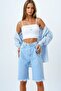 Ice Blue 5-Pocket Denim Shorts with Tassel Cuffs Vs00857 - 2