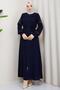 Lace-Up Embroidered Sleeve Abaya Navy Blue HM2854 - 2