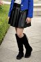 Girl's Diamond Stone Flared Shirt Navy Blue Blazer Jacket Stone Detailed Leather Skirt Set - 4