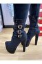 Women's Black Suede Buckle Lace Up Platform Thick High Heel Half Boots Stylish Half Boots