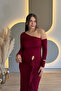 One-Shoulder Ruffled Burgundy Dress with Detachable Accessory Detail - 3