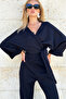 Black Double-Breasted Tie-Down Blouse Slit Pants Double Knitted Set Alc-X12498 - 3