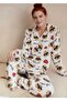 Cream Color Navy Blue Tedy Bear Printed Suede Shirt Pajama Set - 4