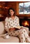 Cream Brown Stripe Detailed Teddy Bear Pattern Milan Fabric Buttoned Shirt Girls' Women's Pajama Set - 4