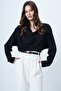 Women's Black-1 Degaje Collar Wide Cut Knitted Blouse Alc-X13126 - 2