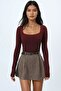 Women's Burgundy Square Neck Jumpsuit Bodysuit with Snap Buttons at the Bottom Alc-X14390 - 2