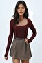 Women's Burgundy Square Neck Jumpsuit Bodysuit with Snap Buttons at the Bottom Alc-X14390 - 3