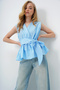 Baby Blue Double Breasted Collared Skirt with Flounces and Self-Tied Belt Summer Poplin Blouse Alc-X14126 - 3