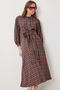 Belted Checkered Flared Woven Dress Lnt0018 Anthracite Red - 2