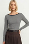 Black Striped Boat Neck Long Sleeve Top 100% Cotton - 2