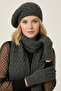 Women's Anthracite Painter Patterned 3-Piece Beret Scarf Glove Set - Winter Knitwear Set