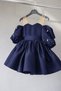 Special Design Navy Blue Tulle Strap Stone Detailed Balloon Sleeve Girl's Evening Dress