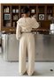Women's Ecru Cropped Hooded Sweatshirt and High-Waisted Bottom Set – Metal Eyelet Detail Two-Piece Set - 4