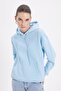 Women's Oversize Wide Cut Cotton Soft Textured Basic Blue Hooded Sweatshirt with Fleece Inside - 5