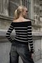 Women's White Striped Boat Neck Corded Fabric Knitwear Blouse - 6