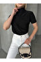 Women's Black Mock Neck Shirred Short Sleeve Sandy Fabric Blouse - 5