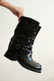 Women's Black Patent Leather Crocodile Pattern Ankle Boots with Drawstring Buckle Detail and Side Zipper - 4
