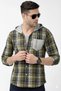 "Men’s Olive Green Checkered Hooded Casual Shirt – Full Sleeve"