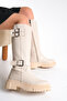 Beige Leather Women's Boots Non-Slip Sole Zippered Emy - 6