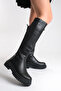 Black Leather Women's Boots Elastic Below the Knee Zippered Non-Slip Sole Thick Soled Jessica - 4