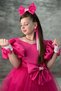 Girl's Satin Fabric Chest with Bow Detail at the Waist Watermelon Sleeves Tulle Fuchsia Evening Dress - 3