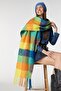 Square Patterned Colorful Saffron Boucle Thick Puff Shawl - 3