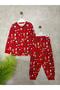 Unisex Children's Pajama Set Red Mixed Pattern 100% Cotton Single Jersey Fabric Crew Neck Long Sleeves - 2