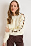 Women's Ecru Sleeve Low-Cut Stone Detailed Soft Textured Sweater Kzk-19001103 - 5