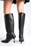 Women's Black Leather Thin Heel Pointed Toe Knee-High Boots - 6
