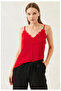 Women's Red Color Lace Detailed Adjustable String Strap Sandy Fabric Tank Top Blouse - 6