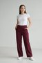 Women's Burgundy High Waist Elastic Waist Pipe Leg Pocketed Fabric Trousers - 3
