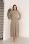 Round Neck Long Sleeve Elastic Waist Pleated Ankle Length Slim Stylish Knit Dress - 6
