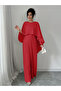 Women Red Pleated Maxi Dress with Cape Sleeves - 4