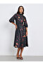 Floral Print 3/4th Sleeves A-Line Midi Dress with self fabric belt - 3