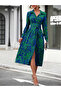 Women's Allover Printed Belted Button Front Detail Long Sleeve Midi Dress