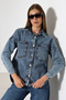Women's Oversized Cut Denim Shirt Jacket Snow Wash Blue Dark Color Casual Chic -Bnj4896 - 5