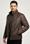 Coffee james collar fur back size and sleeves quilted fabric zippered unlined men's genuine leather jacket - 5