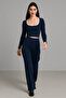 Women's Navy Blue Corded Fabric Double Suit with Wide Leg Trousers and Pockets
