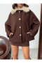 Plush Collared Buttoned Cashmere Coat - Brown |   F2048 - 4