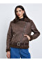 Brown Suede Look Biker Jacket with Faux Fur Trim - 4