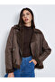Brown Suede Look Biker Jacket with Faux Fur Trim - 3