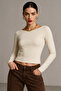 Women's Cream Boat Neck Long Sleeve Blouse - 6