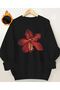 Red Orchid Print Detailed Crew Neck Sweatshirt