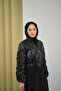 Women's Front Beading Detail Short Raincoat Black - 4