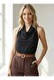 Women's Black Degaje Collar Buttoned Sleeveless Sandy Fabric Blouse