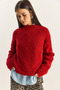 Women's Red Crew Neck Raglan Sleeve Knitted Patterned Soft Textured Knitwear Sweater 20251108 - 3
